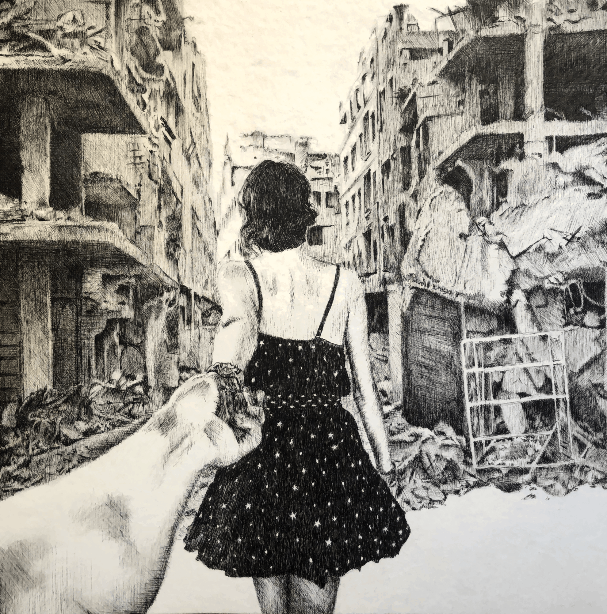No Filter Théo Le Gal Femme tenue par la main instagram robe guerre ruines paysage rue