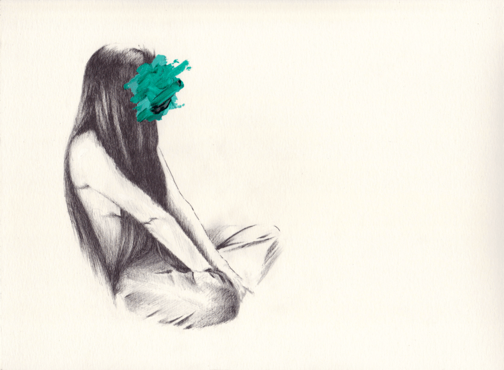 Dessin de femme assise, cheveux qui descendent sur sa poitrine, une tache d'acrylique a la place du visage. © Théo Le Gal