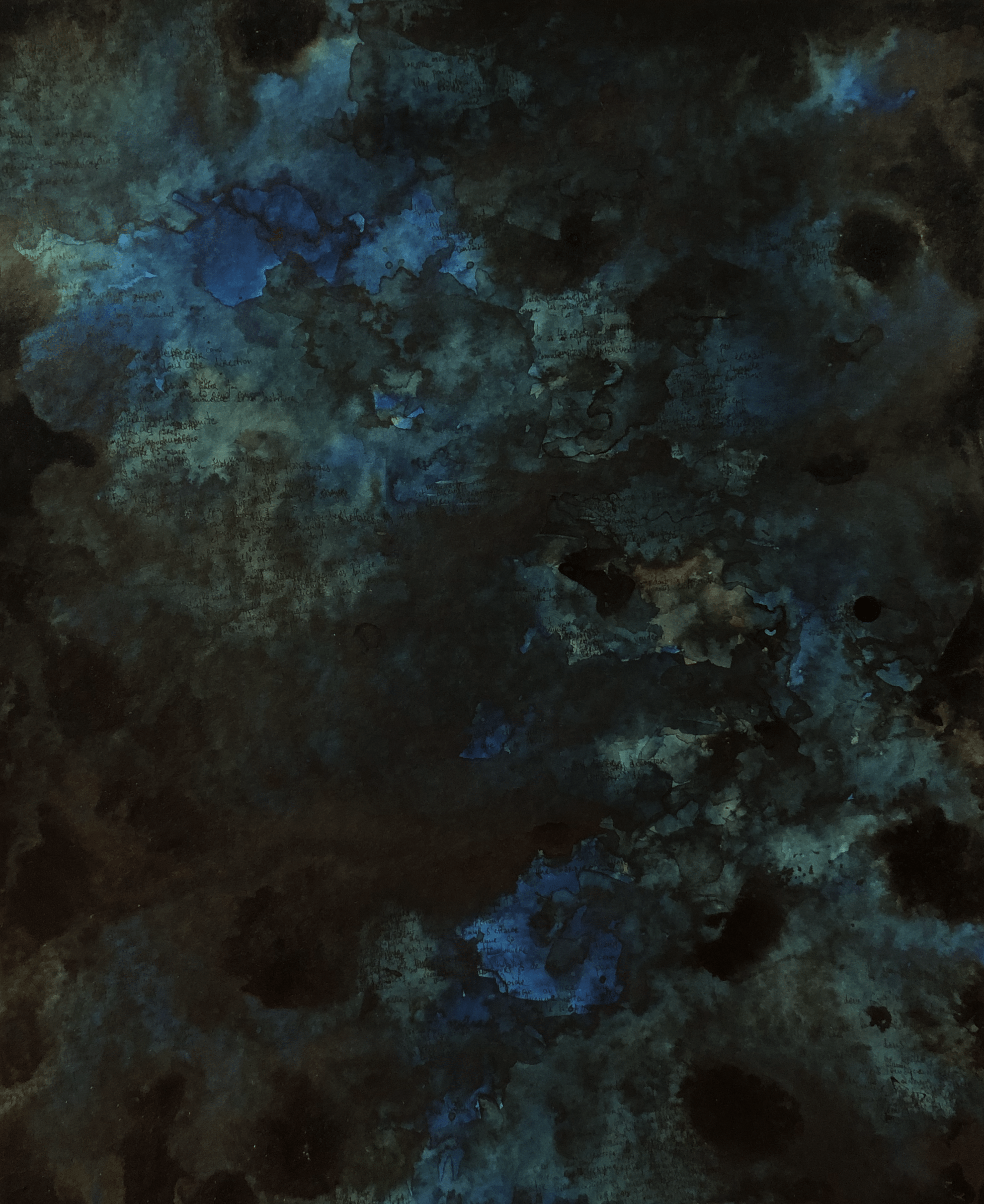 Image sombre composée de tâches d\'encre de chine et d\'encre bleue/verte - Théo Le Gal