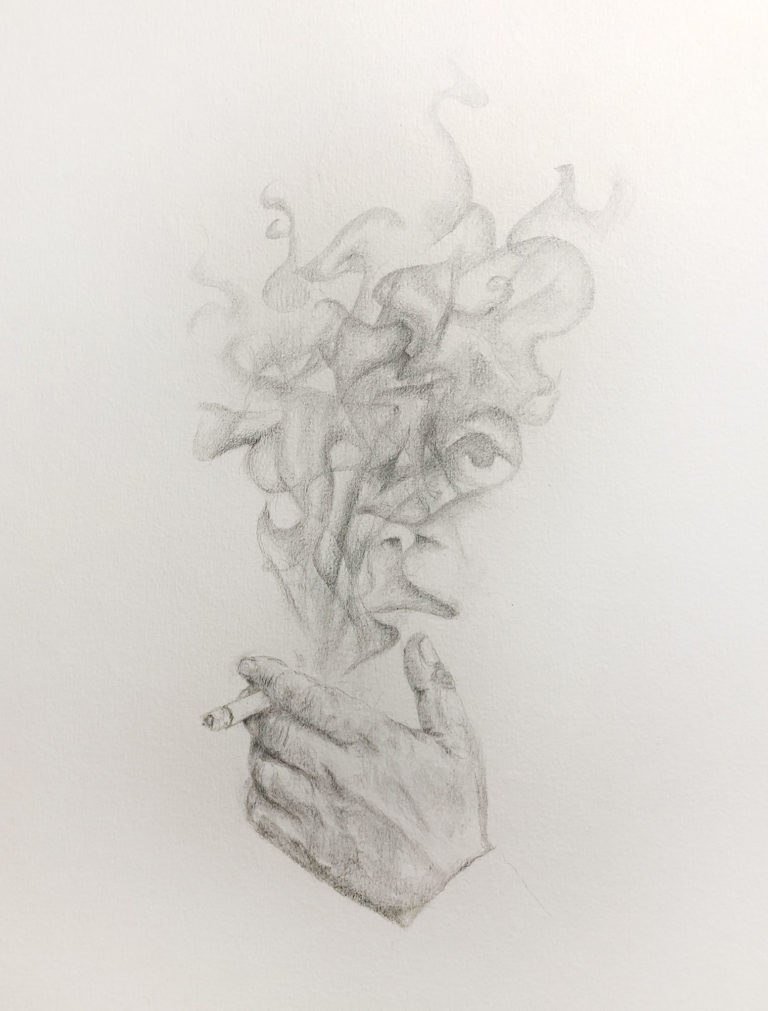 Dessin d\'une main qui tient une cigarette, la fumée dessine son visage.