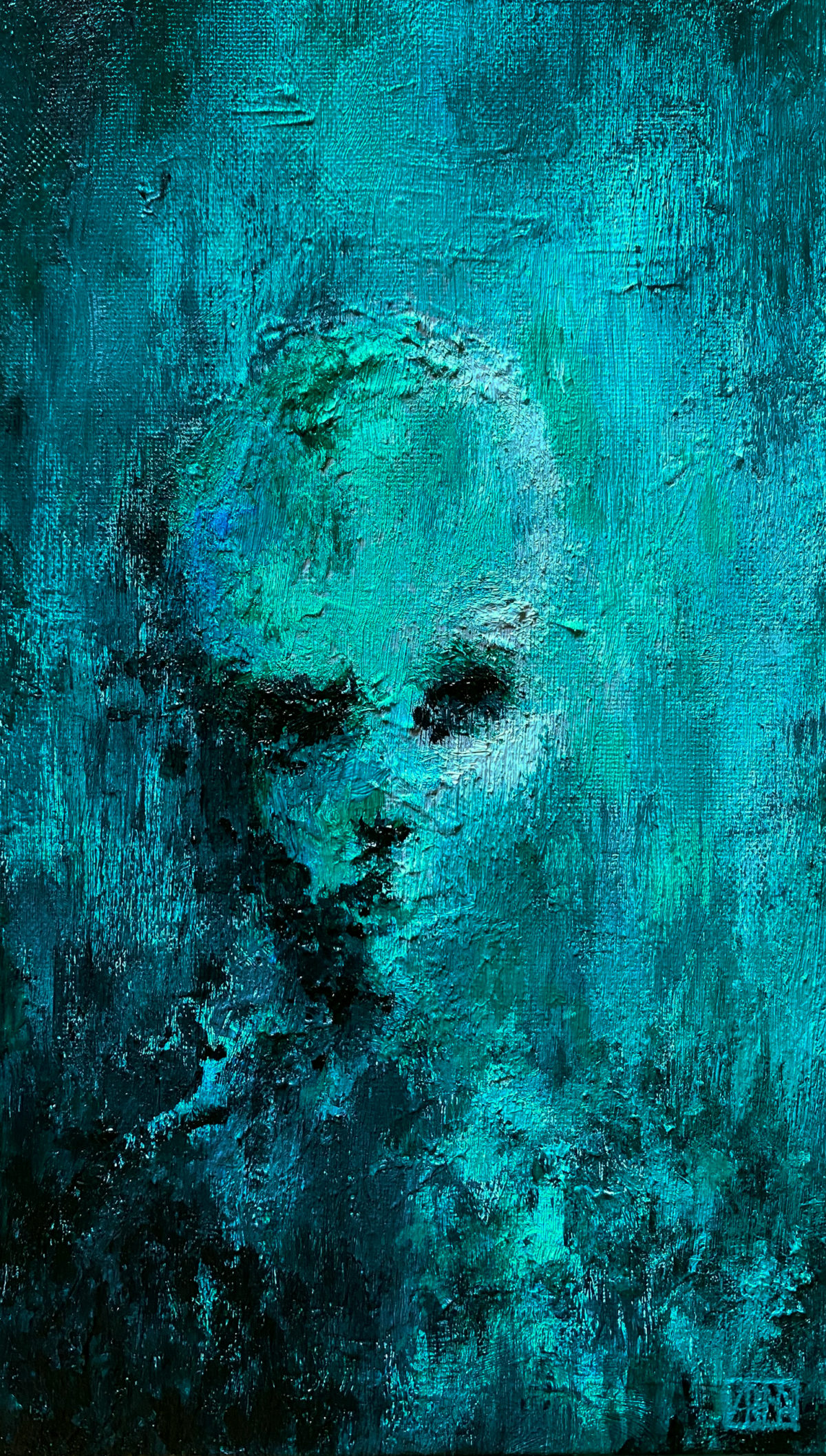 Portrait peinture bleu, vert, noir © Arona - Théo Le Gal
